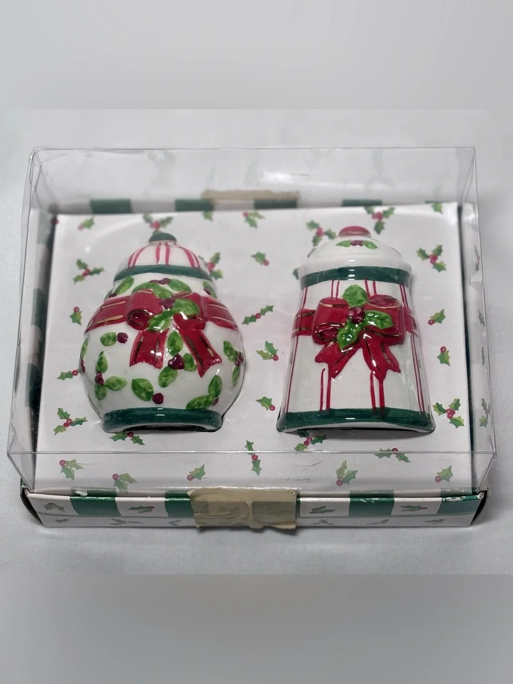 Lady Jayne Ltd. Holly & Ribbon Salt and Pepper Shakers Set ~ Holiday 2002